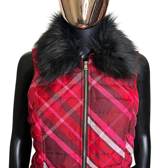 Chico's Plaid Puffer Vest 0 Small Removable Faux Fur Collar Red Holiday Zip Vest - Picture 7 of 11